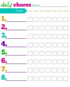 a daily chore chart with numbers and times for each child's name on it