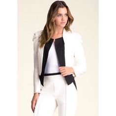 New With Tags Bebe Brand Jacket. Women’s Size 8. 17” Long. 18” Pit To Pit. Blazer Style Jacket. Blair Puff Contrast Jacket. Off White And Black Color. 66% Polyester, 28% Viscose, 6% Spandex. Lined Interior. Retail $139.00. Amazingly Unique, This Stretch-Twill Jacket Features A Pleated Sleeve Cap, Contrast Lapels, And Sleeve Zip Detail. Very Ready For Its Close-Up. Pair With Trim Skirt Or Pants/Jeans, But Layer A Feminine Top Underneath. Gorg! Feel Free To Comment Or Bundle! Thanks For Browsing! White Tuxedo Style Evening Outerwear, White Tuxedo Workwear Outerwear, White Tuxedo Style Fall Outerwear, White Tuxedo Style Outerwear For Fall, Chic White Outerwear For Party, Tailored White Outerwear For Party, White Tuxedo-style Party Outerwear, White Tuxedo Style Party Outerwear, Fitted White Outerwear For Work