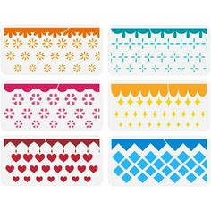 four different colored patterns with hearts and stars on the sides, all in different colors