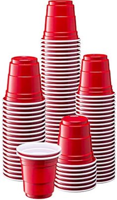 red and white cups are stacked on top of each other