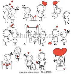 cartoon characters with hearts and balloons in different poses for valentine's day or other occasions