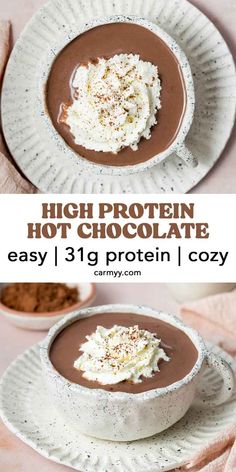 chocolate pudding in a white bowl with whipped cream on top and the words high protein hot chocolate