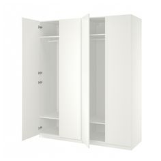 an open white cabinet with two doors and no shelves on the bottom, in front of a white background