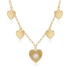 Multi Heart Disc & CZ Heart Textured Charm Chain Necklace  Yellow Gold Plated 16-18 Adjustable Chain Luxury Heart-shaped Jewelry With Logo Charm, Luxury Yellow Gold Necklaces With Heart Beads, Heart Charm Dangle Necklace For Anniversary, Dangle Heart Charm Necklace For Anniversary, Heart Charm Chain Necklace For Valentine's Day, Valentine's Day Heart Charm Chain Necklace With Heart Pendant, Valentine's Day Heart Pendant Chain Necklace With Heart Charm, Valentine's Day Heart Charm Chain Necklace, Heart Cut Charm Necklace With Adjustable Chain For Anniversary