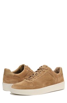 A sleek suede upper and leather accents add sporty appeal to this minimalist sneaker with tonal laces and a grippy rubber sole. Lace-up style Leather upper and lining/rubber sole Imported Brown Suede Everyday Sneakers, Everyday Suede Sneakers With Gum Sole, Suede Sneakers With Textured Sole For Walking, Low-top Suede Walking Sneakers, Low-top Suede Sneakers For Walking, Suede Sneakers With Gum Sole And Plain Toe, Everyday Suede Sneakers With Textured Sole, Comfortable Suede Sneakers With Stitched Sole, Everyday Suede Sneakers With Cushioned Footbed