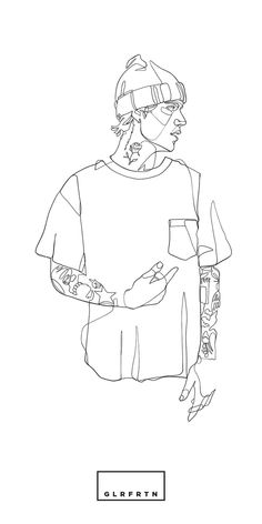 a black and white drawing of a person with tattoos on his arm holding a knife