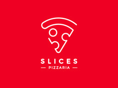 the logo for slice's pizzaria, which is designed to look like a piece of