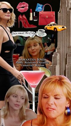 a collage of photos with women in different outfits and the same woman holding a martini