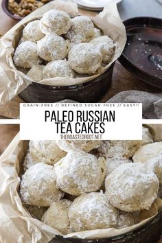 two pictures show different types of russian tea cakes and pastries, with text overlay that reads paleo russian tea cakes