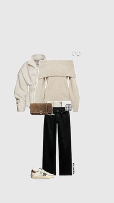 a white sweater, black jeans and brown shoes