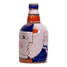 a ceramic bottle with an image of a woman's face painted on the side