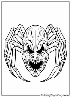 a scary spider with large teeth and fangs on it's face, coloring pages only