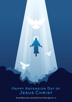 a person standing on top of an iceberg with doves flying over it and the words happy ascension day of jesus christ