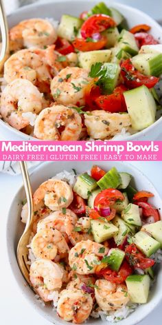 two bowls filled with shrimp, cucumber and tomato salad