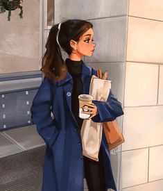 a painting of a woman in a blue coat and black dress holding a coffee cup