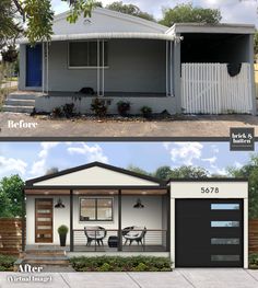 before and after photos of a small house in the middle of a yard with an attached garage