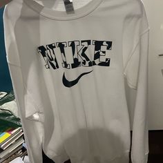 Cow Print Logo Size Large Never Worn Great Condition White Sporty Sweatshirt With Graphic Print, White Sporty Sweatshirt With Text Print, Sporty White Sweatshirt With Text Print, White Crew Neck Sweatshirt With Text Print, White Crew Neck Top For Spring, Nike Cow Print Sweatshirt, Cow Print Sweatshirt, Print Sweatshirt, Cow Print