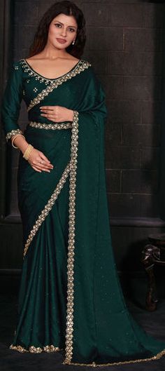 Green color Saree in Georgette fabric with Zircon work Green Georgette Saree With Zari Work, Green Georgette Saree For Celebration, Green Bollywood Style Pre-draped Georgette Saree, Evening Green Georgette Saree, Festive Green Georgette Pre-draped Saree, Bottle Green Saree, Green Color Saree, Blue Color Saree, Reception Saree