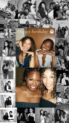 black and white photo collage with happy birthday images in the middle, two women smiling at the camera