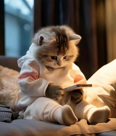 a cat sitting on top of a bed next to a stuffed animal and reading a book