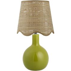 a green table lamp with a burlap shade on the top and bottom part