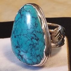 R2017 Sterling Silver & Turquoise Ring. Size 10. No Two Alike. Amazing Statement Piece! Adjustable Turquoise Ring With Large Stone, Large Stone Turquoise Ring In Chrysocolla, Turquoise Chrysocolla Ring With Large Stone, Adjustable Untreated Turquoise Ring, Turquoise Chrysocolla Gemstone Ring, Turquoise Ring With Large Stone As A Gift, Turquoise Large Stone Spiritual Ring, Unique Turquoise Ring With Patina, Silver Turquoise Ring