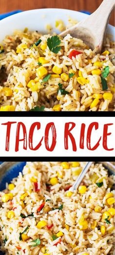 two pictures showing different types of rice in a blue bowl with a wooden spoon and the words taco rice on it