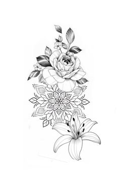 a black and white drawing of flowers with leaves on the bottom half of the image