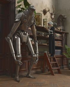 a large metal robot standing in front of a wooden shelf next to a potted plant