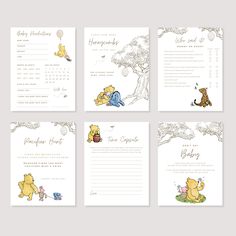 four winnie the pooh baby shower cards with winnie the pooh and friends on them