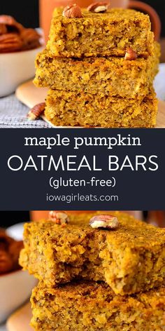 three pieces of pumpkin oatmeal breakfast bars stacked on top of each other