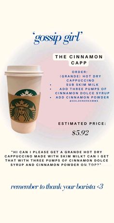 a cup of coffee with the price label for $ 50 or less, and an image of starbucks's cinnamon cap