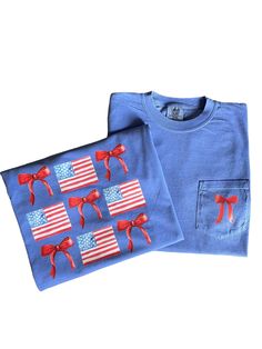 This tshirt is so cute! Perfect for all your patriotic events or even every day wear. The tshirt is comfort colors. You can choose between the darker blue or light blue color (see photos). The front has a bow on the pocket and the back has the big design.ALL SALES ARE FINAL! No refunds or exchanges due to the customization of our products with Appliques/Monograms. Font proofs are available upon request but may delay order. Failure to leave full info and/or follow directions may result in delays, Blue Patriotic Cotton T-shirt, Patriotic Blue Cotton T-shirt, Blue T-shirt With American Flag For Independence Day, Blue T-shirt With American Flag, American Style Blue T-shirt With American Flag, Blue American Flag T-shirt, Blue American Flag T-shirt For Independence Day, Patriotic Blue T-shirt With American Flag, Memorial Day Blue T-shirt With American Flag Print