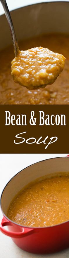 a spoon full of soup in a red pan with the words bean and bacon soup