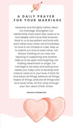 two pink hearts with the words, a daily prayer for your marriage written below it