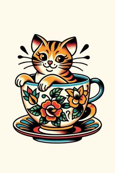 a drawing of a cat sitting in a teacup with flowers on the saucer