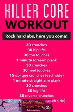 a pink poster with the words killer core workout