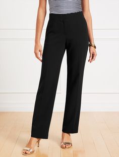 Our flattering straight leg pants are perfect for work and play. Simple elegance, in lightweight, wrinkle-resistant fabric and a sophisticated fit. Features Flat Front/Trouser Hits High Waist Full Length Front zip with hook & bar closure Slash front pockets Lined Imported Fit: Misses: 30"; Petite: 28"; Plus: 30"; Plus Petite: 29" Material: 69% Triacetate, 31% Polyester; Lining: 100% Polyester Care: Machine Wash Cold; Only Non-Chlorine Bleach When Needed; Tumble Dry Low; Cool Iron, If Needed | Ea Travel Blazer, Modern Classic Style, Open Front Jacket, Classic Style Women, Easy Travel, Simple Elegance, Pants Straight, New Tops, Straight Leg Pants