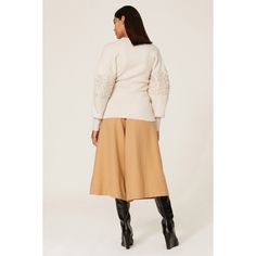 Off-white knit (64% Wool, 26% Polyamide, 9% Cashmere, 1% Elastane). Sweater. Mock neck. Long sleeves. Pull on. 24.5" from shoulder to hemline. Imported. Feminine Pointelle Knit Sweater For Fall, Feminine Crew Neck Sweater For Fall, Elegant Turtleneck Cardigan For Spring, White Feminine Sweater For Fall, White Feminine Knit Top For Fall, Elegant Spring Cable Knit Top, Elegant Spring Turtleneck Cardigan, Feminine White Knit Top For Fall, Neutral Spring Workwear Sweater