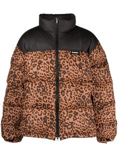 black padded design funnel neck long sleeves logo patch at the chest all-over leopard print front zip fastening When buying this unisex item, keep in mind that it is graded in standard men's sizing. Puffer Jacket Design, Leopard Logo, Leopard Jacket, Leather Cap, Jacket Design, Padded Jacket, Denim Pant, Puffer Jacket, Puma Jacket