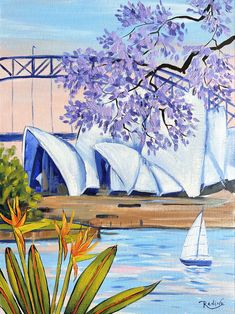 a painting of boats on the water near a bridge and trees with purple flowers in front of it