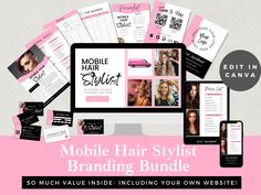 the mobile hair stylist branding bundle is displayed on a computer screen and in front of