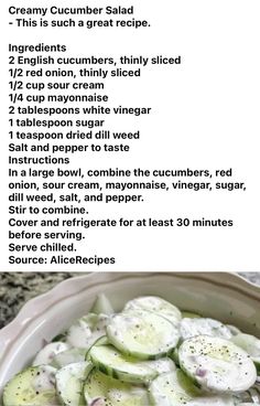 cucumber salad recipe in a bowl with instructions on how to make it and what to eat