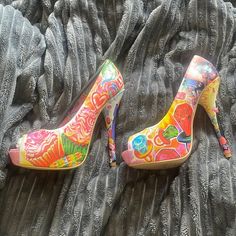 Brand New Iron Fist Heels Covered In Sparkly Sweets. Super Cute! From The Early 2000’s Skull Heels, Multi Colored Heels, Iron Fist Shoes, Black Teeth, Platform Shoes Heels, Colorful Heels, Platform High Heel Shoes, Neon Aesthetic, Platform Stilettos