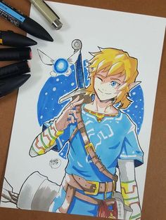 a drawing of link from the legend of zeolim is shown next to markers and pens