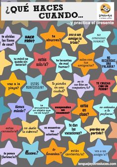 the words in spanish are written on different colors and shapes, with stars above them