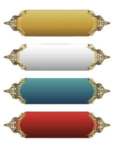 four different colored labels with gold trimmings and ornate designs on them, all lined up in the same row