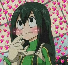 an anime character with long black hair and green eyes, standing in front of hearts