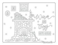 a drawing of a fireplace with the words warm and cozy on it