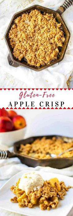 an apple crisp on a plate with ice cream in the middle and another serving dish next to it